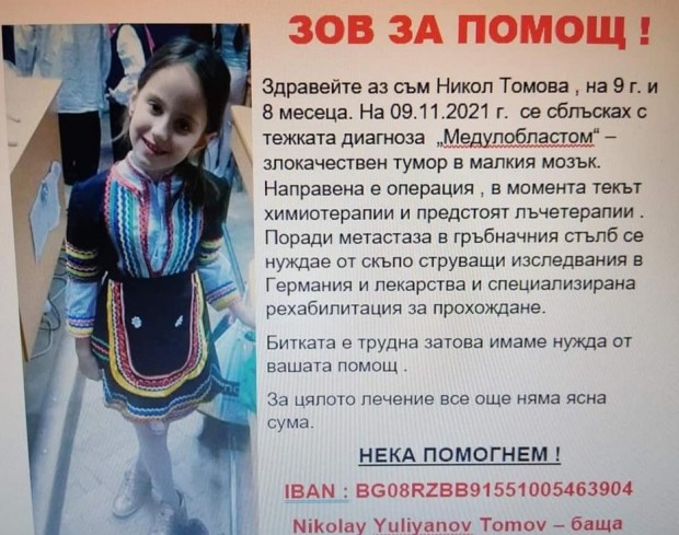 Зов за помощ на Кръстанка Султанова за 8 годишната Никол Томова