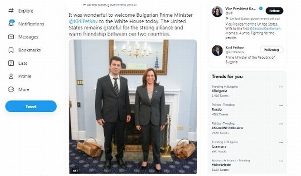 Вицепрезидентът Камала Харис се срещна днес с министър-председателя на България