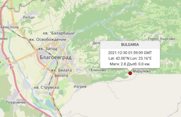 Слабо земетресение е регистрирано в района на село Марулево в област Благоевград