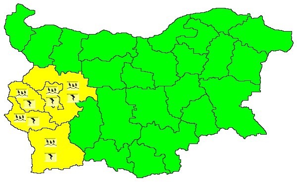 За пет области в страната е обявен код "Жълт" за опасни метеорологични явления