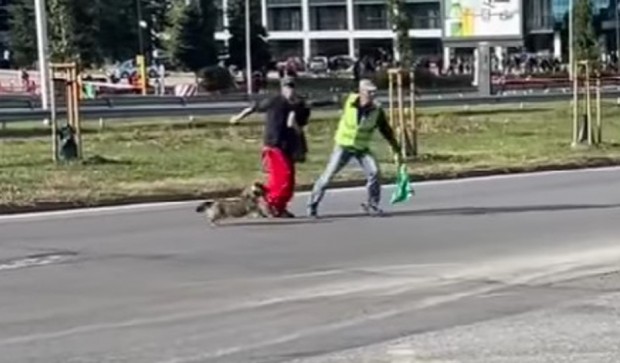 Видео с мъж, който разхожда кучето си в зоната на