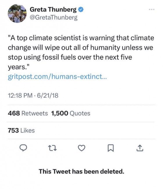 Грета Тунберг изтри туит от 2018-та, че климатичните промени ще унищожат човечеството до 5 години