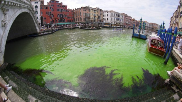 Полицията в италианския град Венеция разследва как се е появило фосфоресциращо зелено