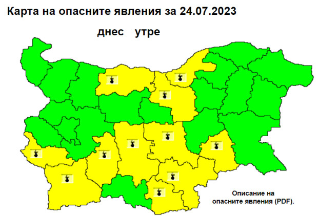 Жълт код за горещо време е обявен в 11 области в страната -