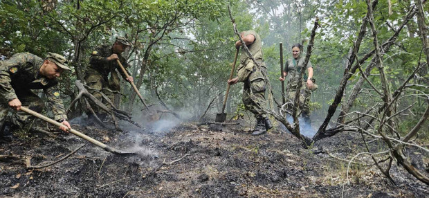 Военнослужещи от Сухопътните войски оказват помощ при потушаването на горски