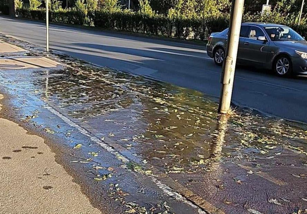 </TD
>Питейна вода се излива върху велоалеята на булевард България точно