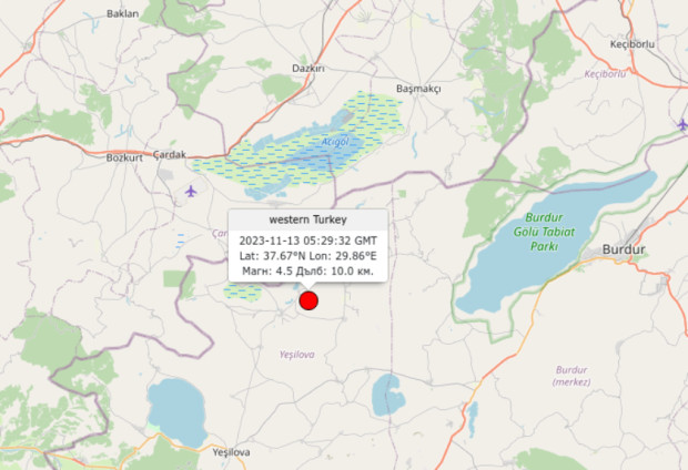 Земетресение с магнитуд 4,5 е регистрирано в Югозападна Турция тази