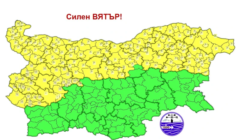 НИМХ коригира прогнозата - добави още области в жълто заради силен вятър