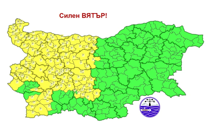 Жълт код за силен вятър в 12 области в страната