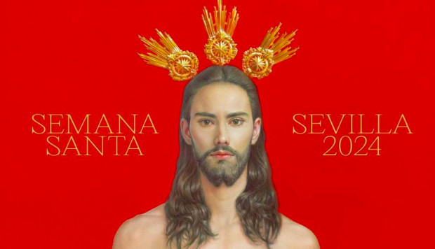 Плакатът който изобразява младият Иисус носещ само препаска на кръста