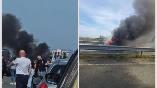 Огромно задръстване на пътя Бургас - Слънчев бряг, автомобил е пламнал