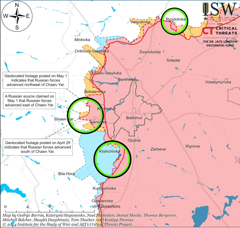 ISW: Руснаците оказват натиск към Часов Яр и близо до Авдеевка