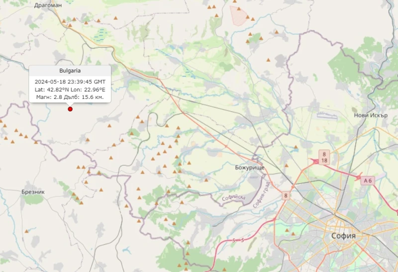 Земетресение на няколко километра западно от София