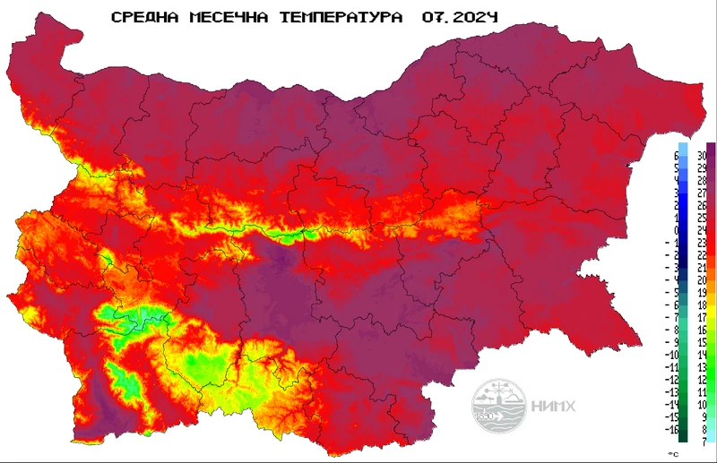 Къде в България е измерена най-високата температура за месец юли?