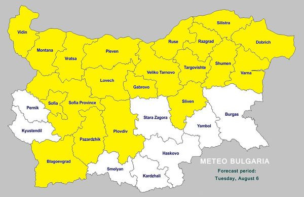 Meteo Bulgaria издава предупреждение за първо ниво за 6 август