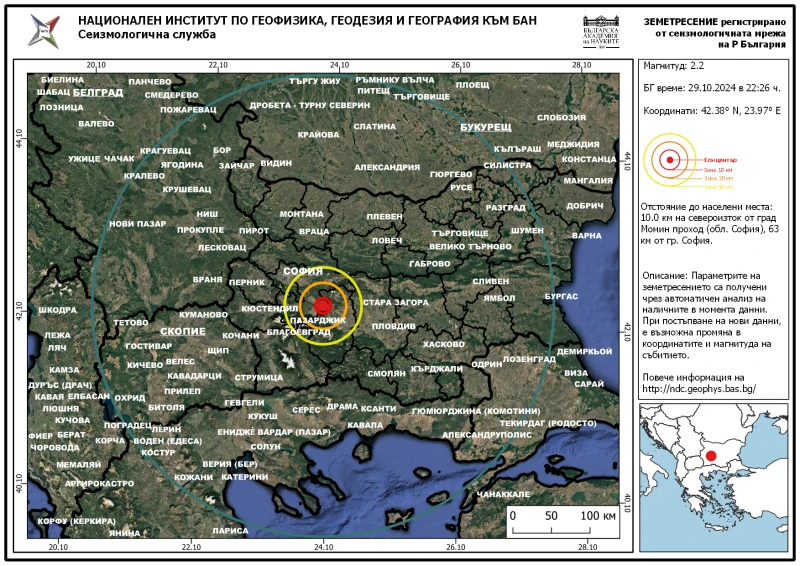 Отчетено е слабо земетресение на 63 км от София