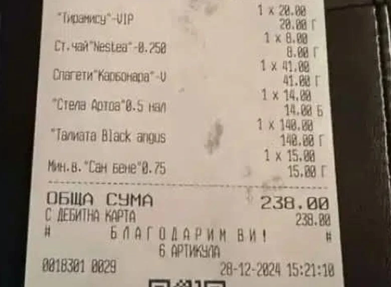 В Банско: Талиата - 140 лева, спагети - 41, минерална вода - 15