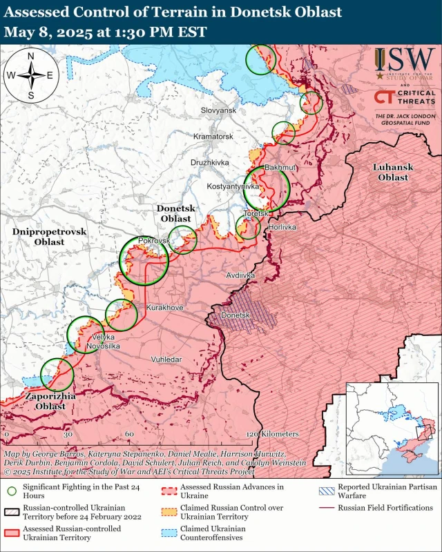 ISW: Русия напредва на 8 направления, в 2 от тях ВСУ постигат успех