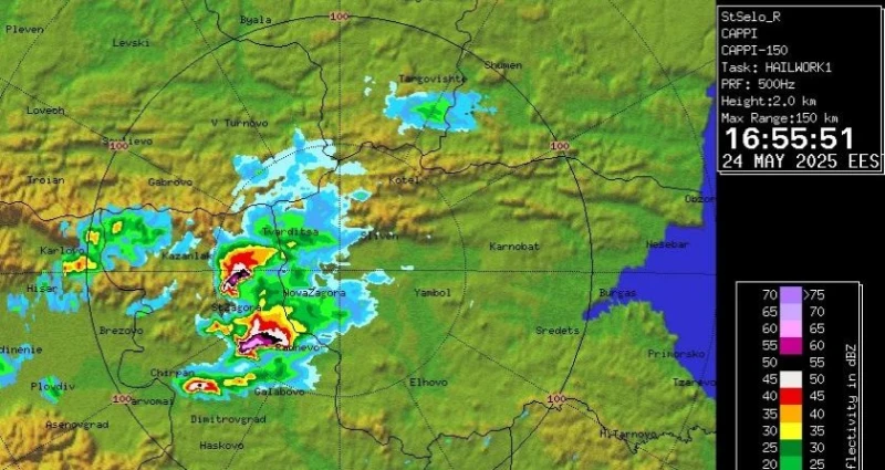 Meteo Balkans: След 1-2 часа буря ще достигне до Ямбол! Очаква се градушка с размер на лешник и дори на орех