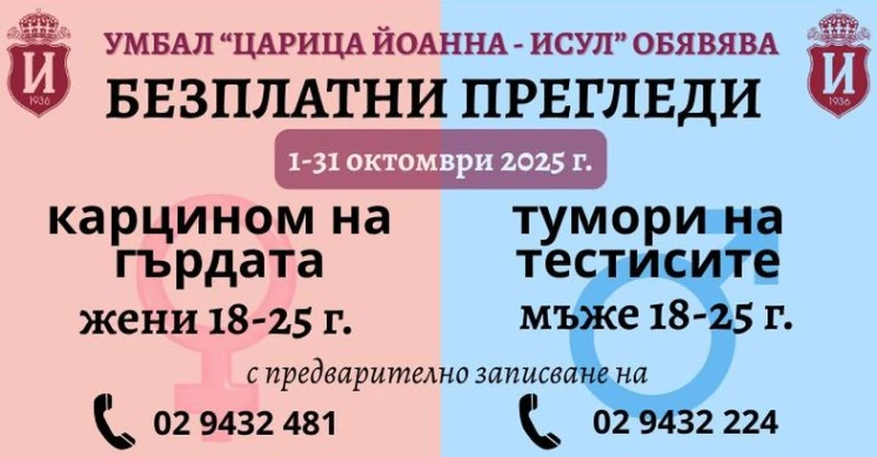През октомври: УМБАЛ "Царица Йоанна – ИСУЛ" с безплатни прегледи за млади хора