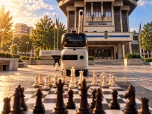 Робот сяда на шахматната дъска на площада в Русе