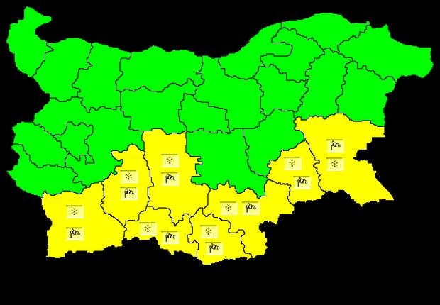 Жълт код за почти цяла Южна България е обявен за