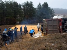 ТИР с царевица се обърна край разградско село