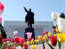 Ленин реже лозе в Украйна с българска носия и калпак